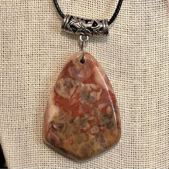 Gemstone & Fossil Pendant on Waxed Necklace w/Ornate Bail Lobster Claw Clasp - Picture 11 of 16